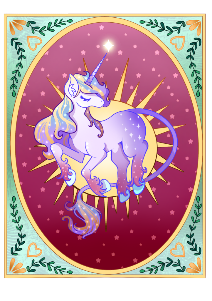 A light purple unicorn with stars on its hind legs is gracefully standing in front of a red background with a yellow sun and stars. The unicorn has a flowing blue mane with yellow stripes and there is a magic star at the tip of its horn. The unicorn is bordered by a thin gold frame in the shape of an oval and green leaves in the corners
