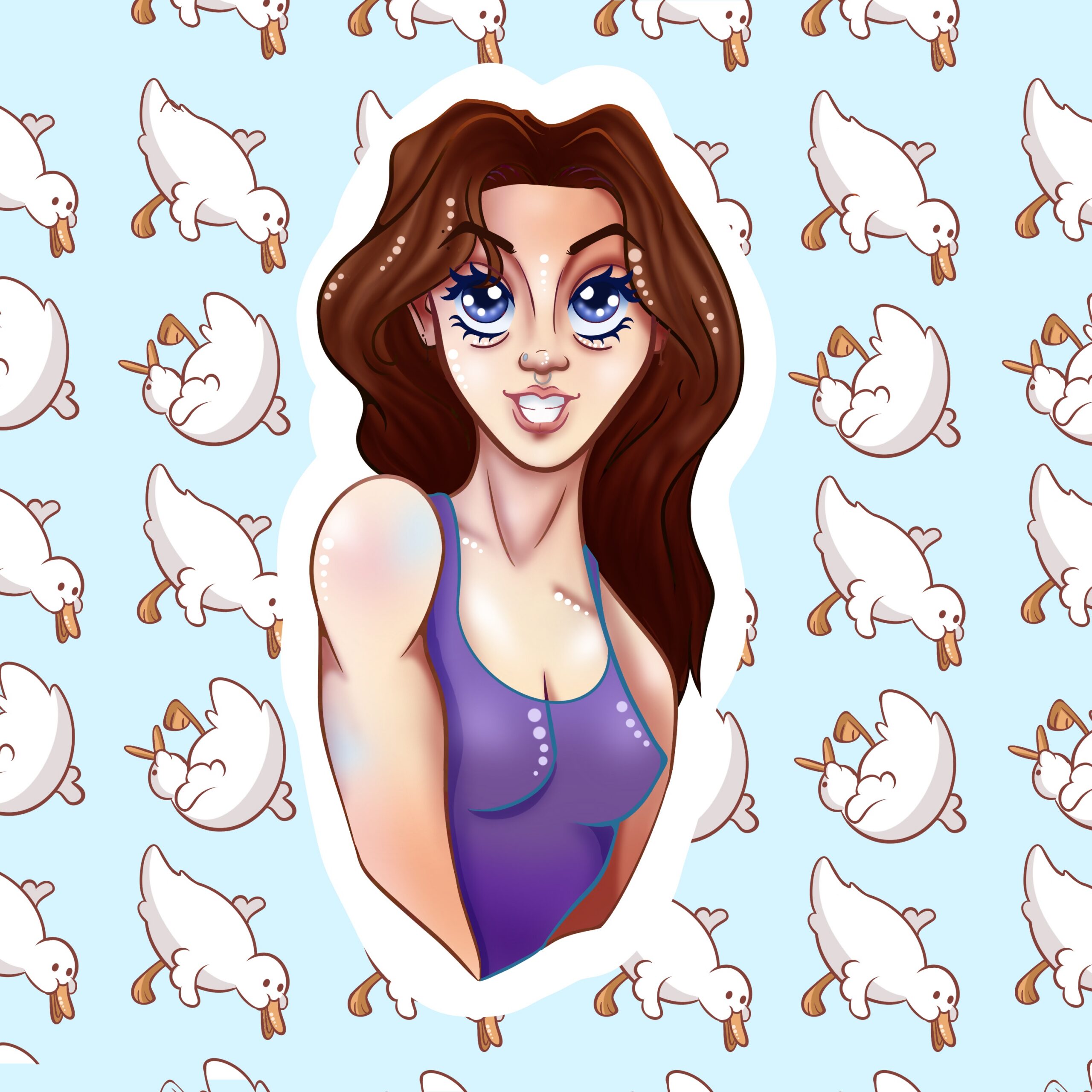 A girl with brown hair and a light purple top is smiling against a blue background with small geese rolling down the background